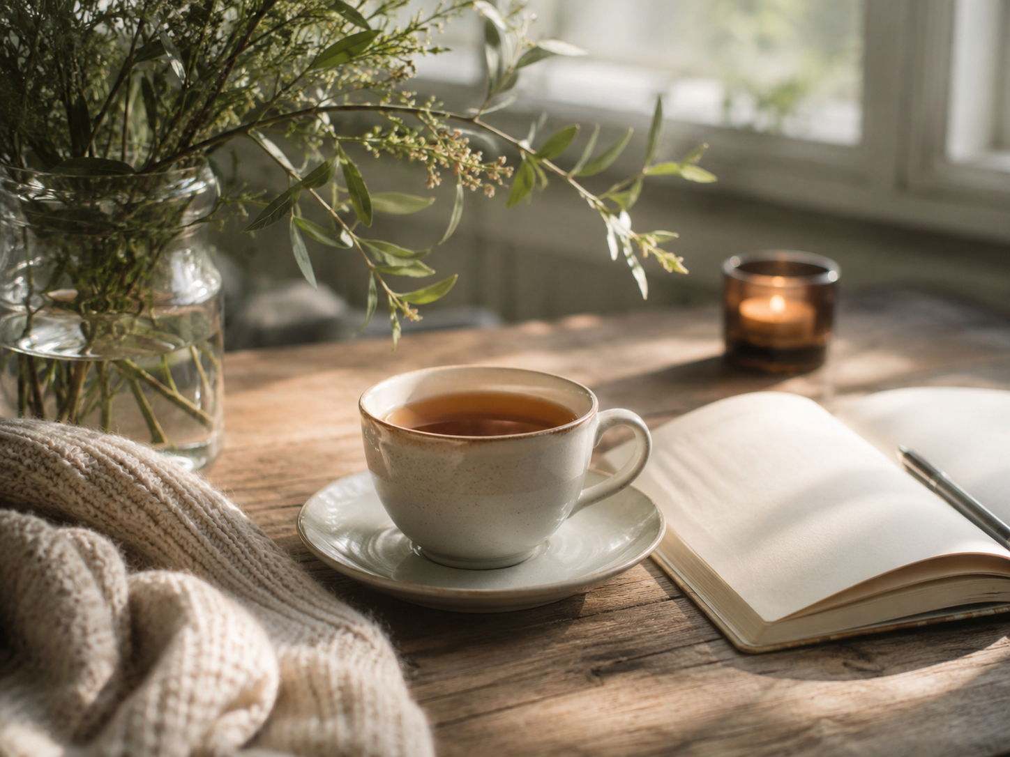 Xícara de chá e caderno sobre uma mesa, com luz natural de janela ao fundo