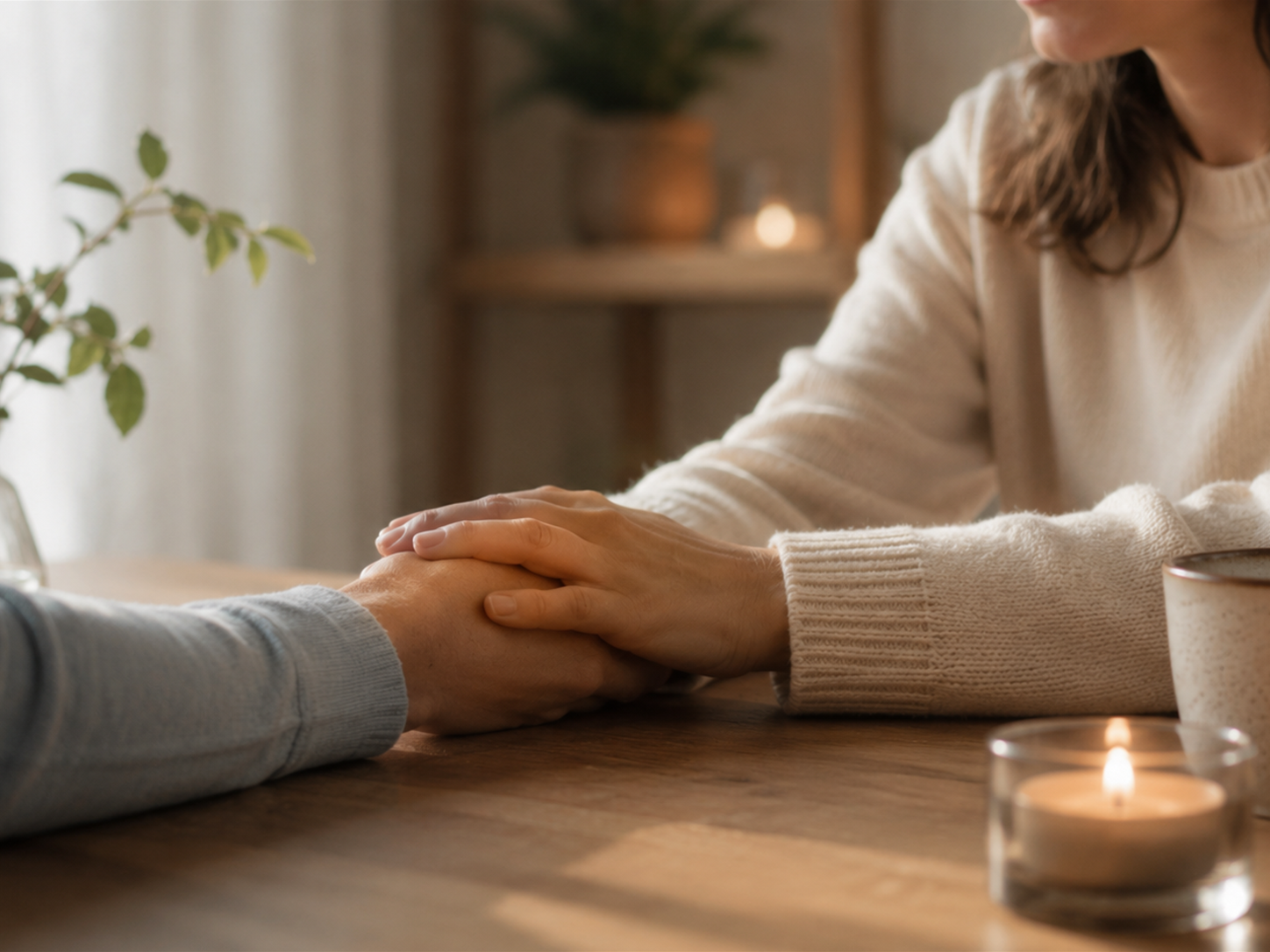 Mãos entrelaçadas sobre uma mesa, à luz de uma vela, em gesto de consolo e presença
