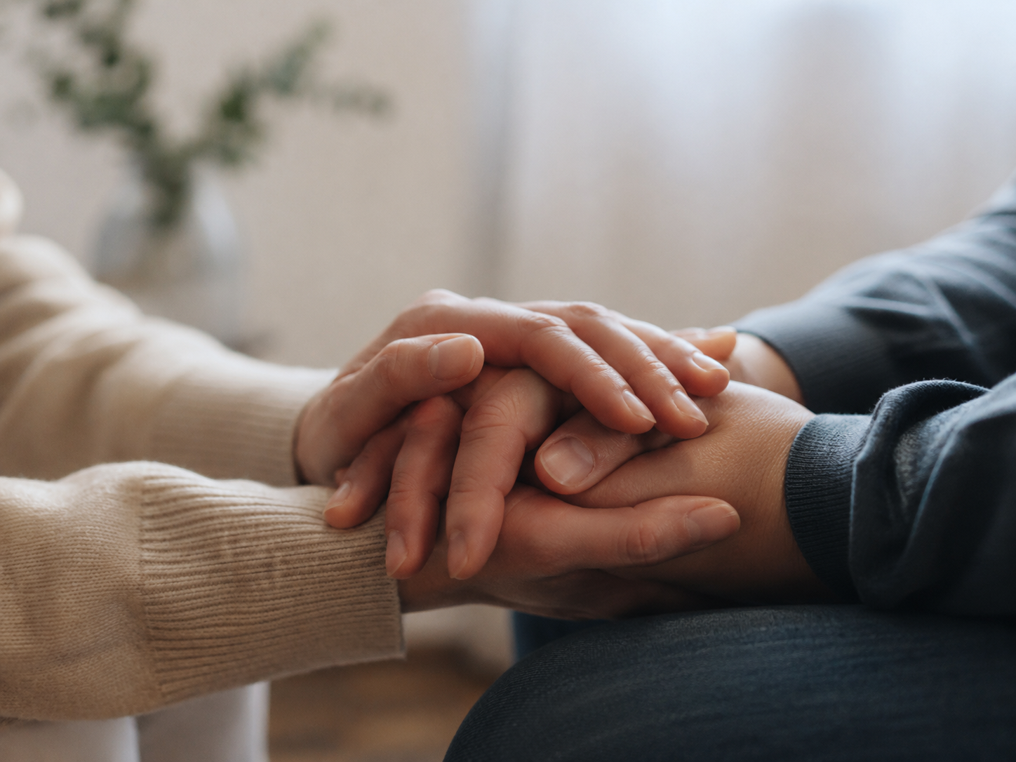 Mãos entrelaçadas em gesto de apoio e cuidado