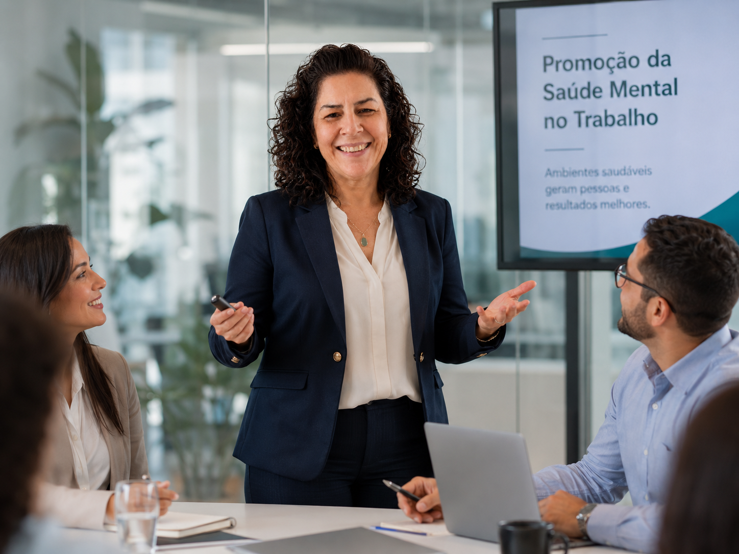 Ida Vaz Machado apresentando conteúdo sobre promoção da saúde mental no trabalho em ambiente corporativo